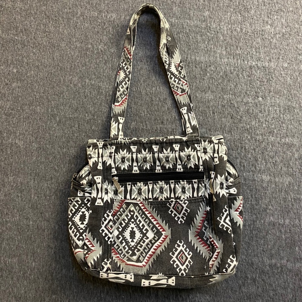 Southwestern Tribal Print Canvas Tote Bag Black White Red Geometric Shoulder Bag